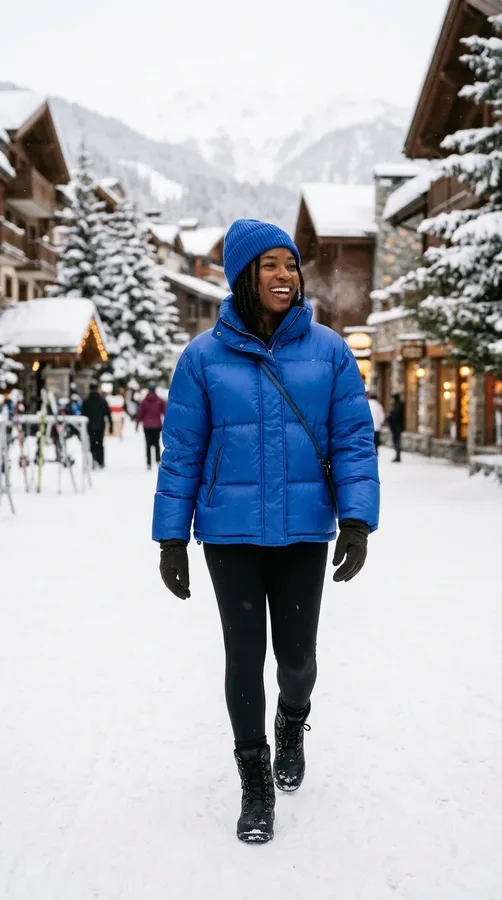 Black woman wearing a bright cobalt blue puffer jacket with black winter basics.