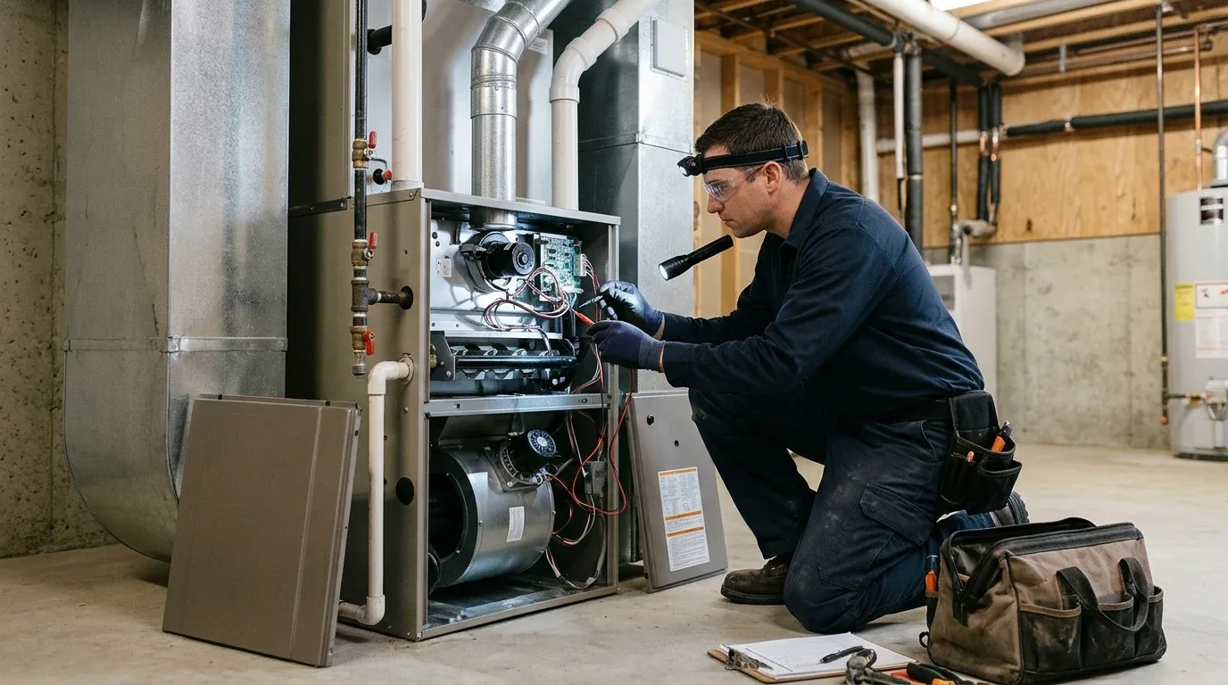HVAC technician servicing a home heating system before winter