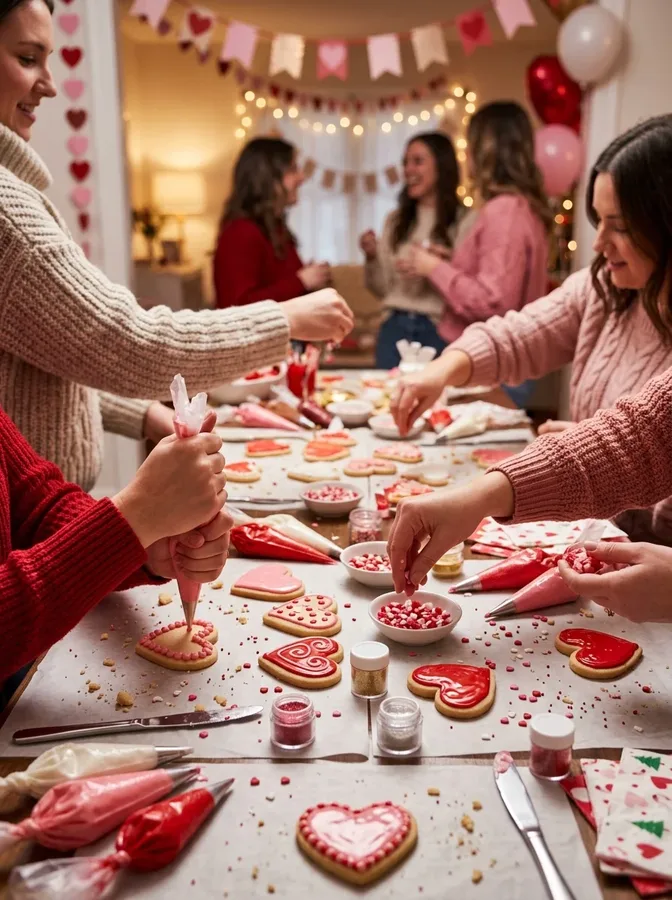 Heart-shaped Valentine's cookies and colorful frosting for a Galentine's decorating game.