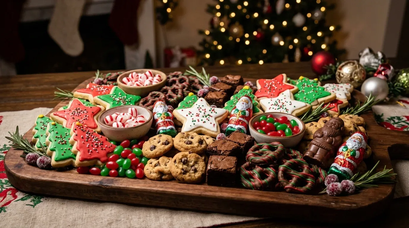 Christmas dessert board with festive sugar cookies, chocolate treats, peppermint candies, and colorful holiday sweets.