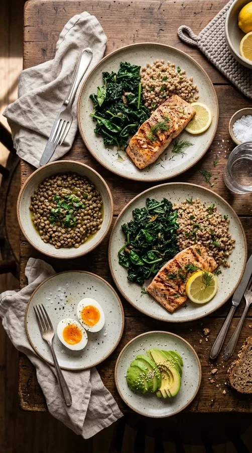 Balanced meal with eggs, fish, lentils, greens, and whole grains to support healthy hair.