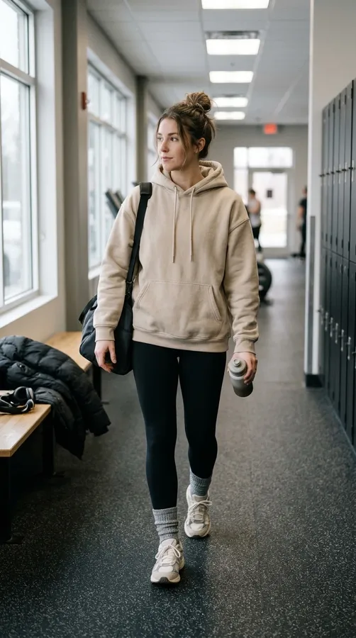 Black leggings and a neutral beige hoodie make a versatile and comfortable winter gym outfit.