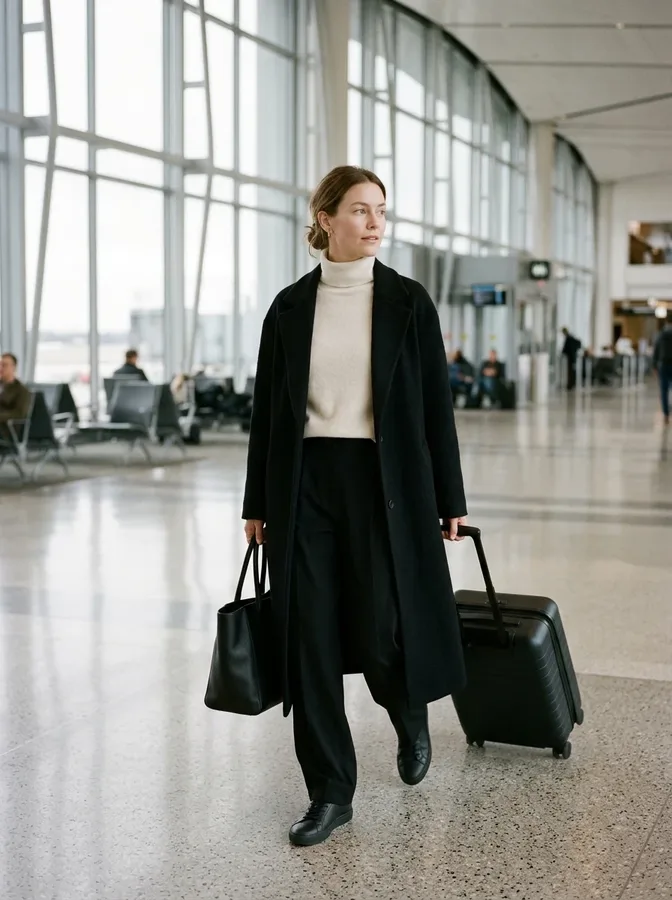 Cream turtleneck and tailored black trousers styled with a black wool coat for polished winter travel.