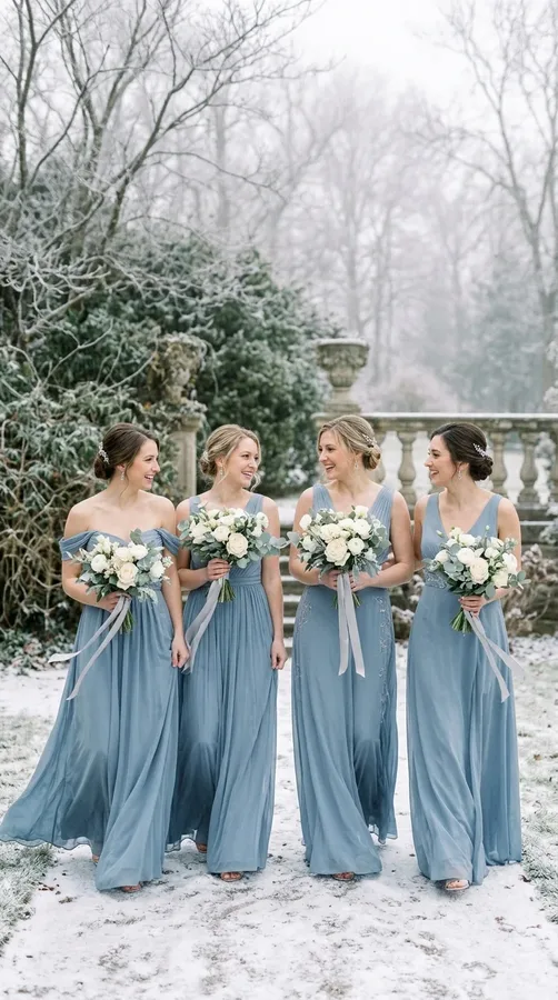 Dusty blue bridesmaid dresses with ivory roses and eucalyptus in a winter setting.