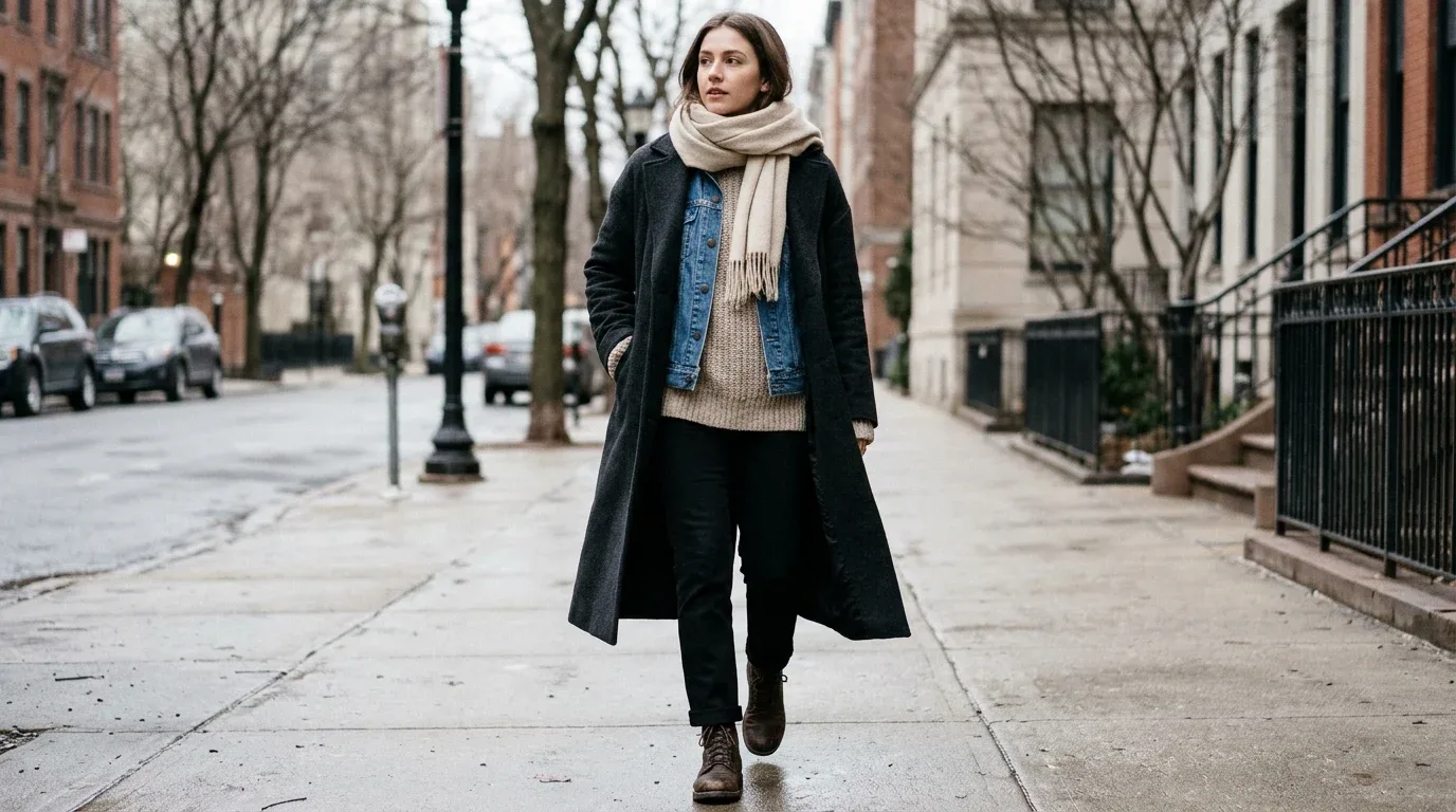 Denim jacket layered over an oatmeal sweater with black jeans, lace-up boots, and a warm winter coat.