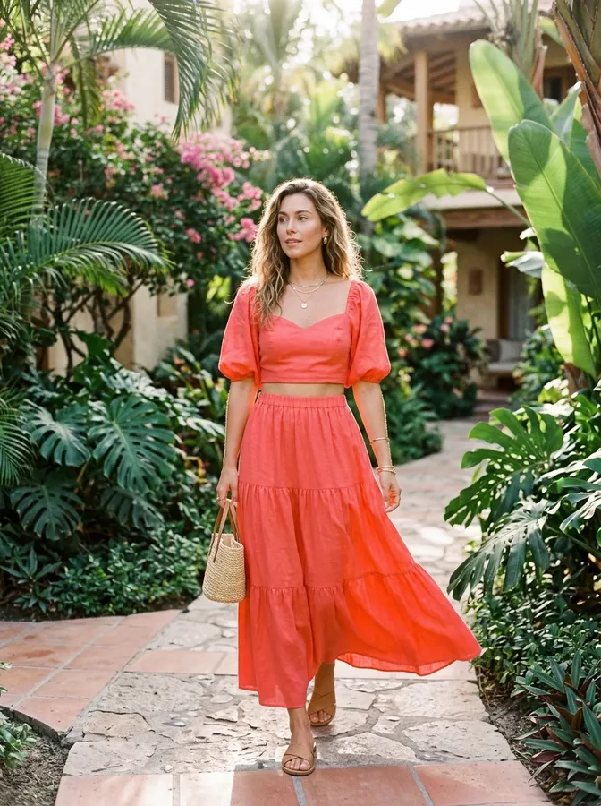 Bright coral matching two-piece outfit for a stylish tropical holiday.