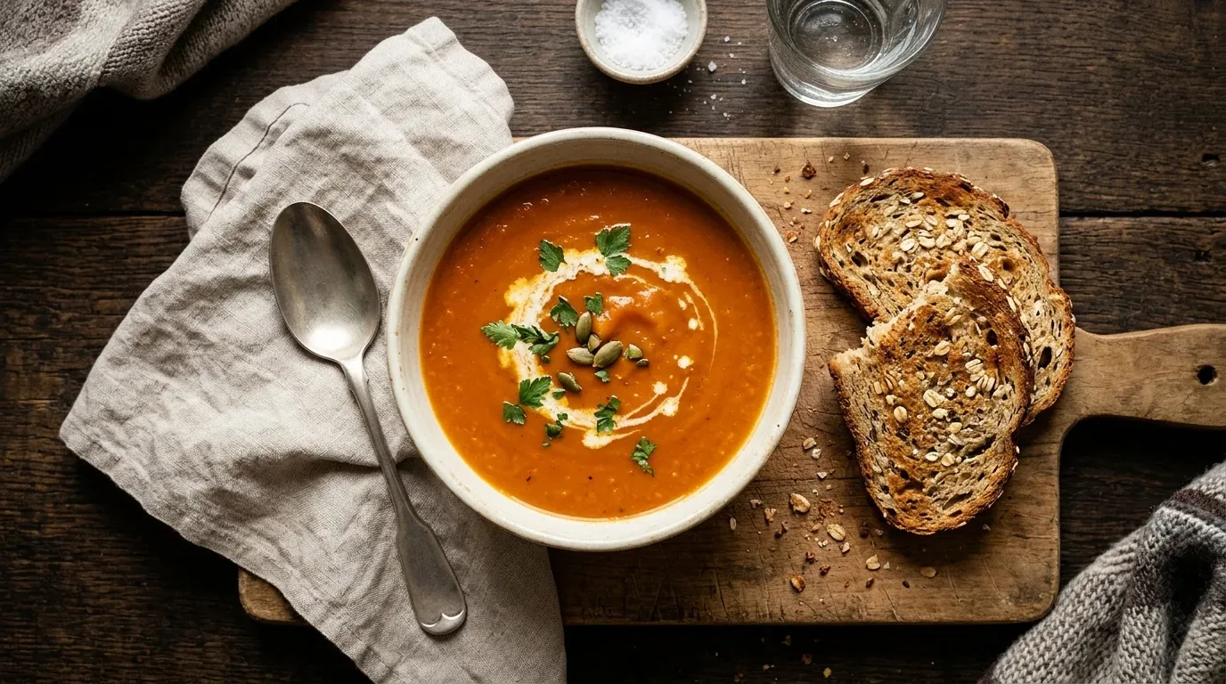 Creamy pumpkin and lentil soup served with toasted whole-grain bread.
