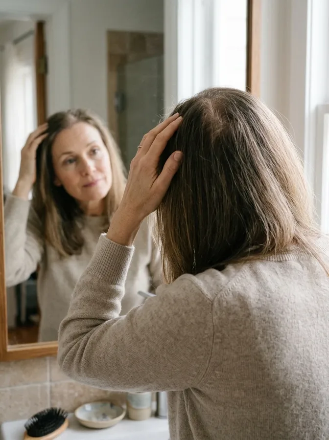 Woman checking her hair part for changes in density that may warrant evaluation.