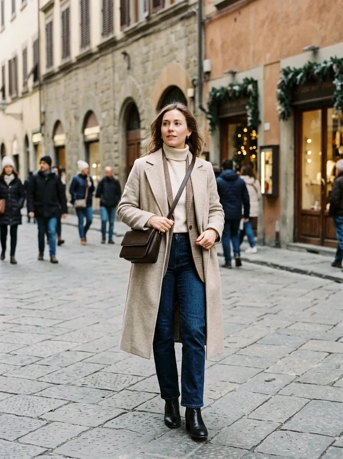 Plaid blazer, cream turtleneck, dark jeans, and ankle boots for chic winter sightseeing in Italy.