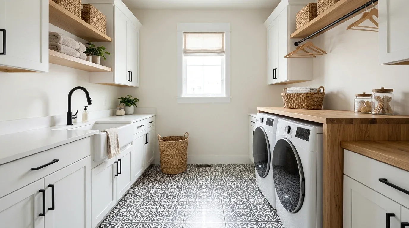 Farmhouse laundry room with patterned black-and-white floor tiles and simple white cabinets.