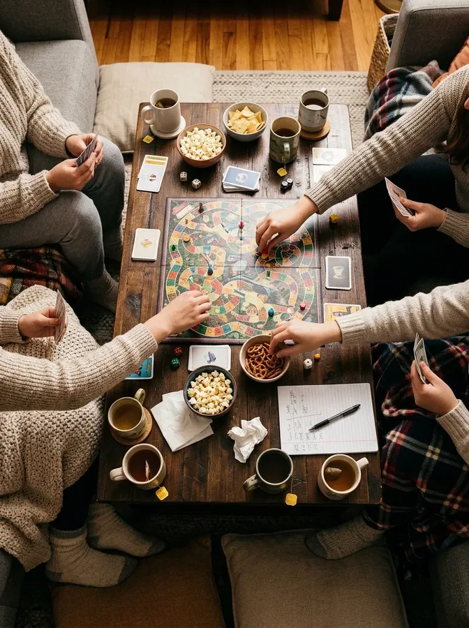 Board games, playing cards, snacks, and hot drinks arranged for a friendly winter game night.