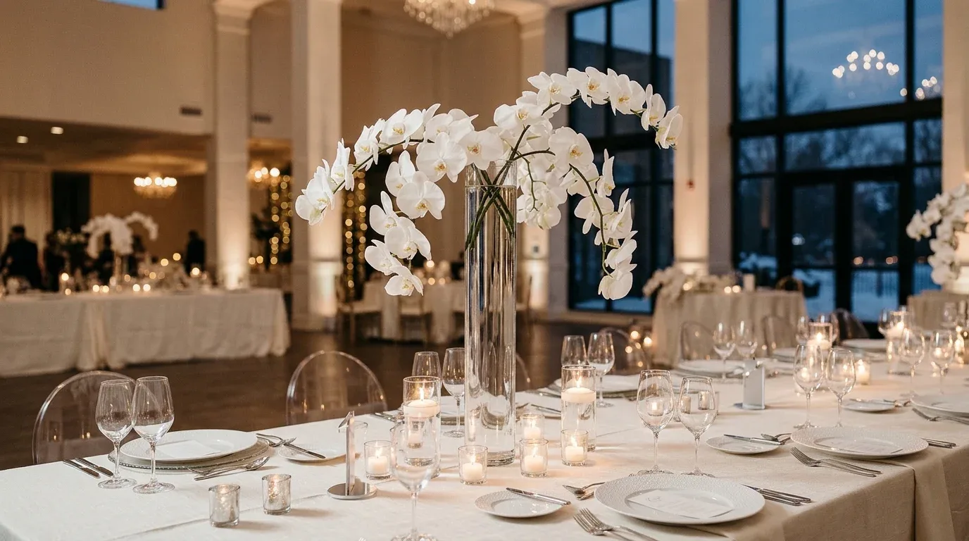 Sculptural white orchid centerpiece in a clear vase for a modern winter wedding.