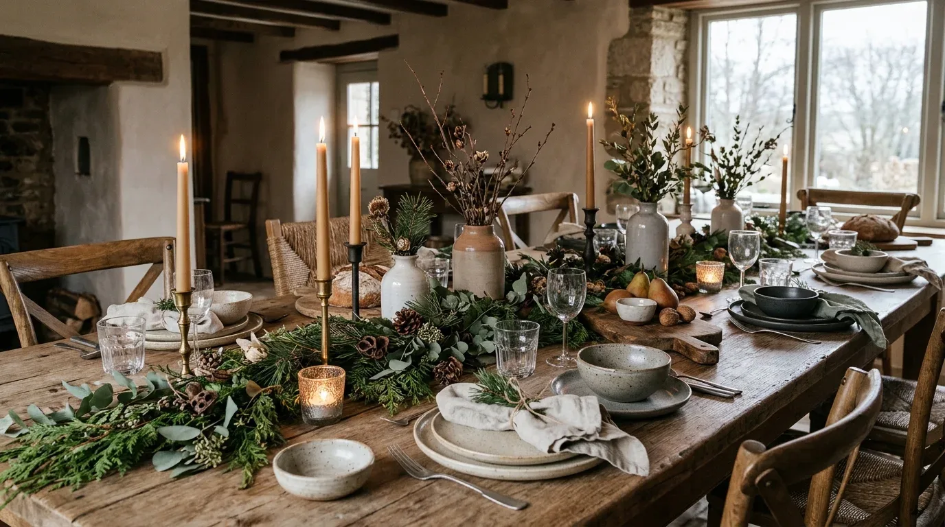Rustic winter dining table decorated with natural evergreen branches, linen napkins, and stoneware.