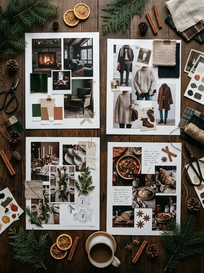 Organized winter Pinterest mood boards for home decor, fashion, holiday tables, and recipes