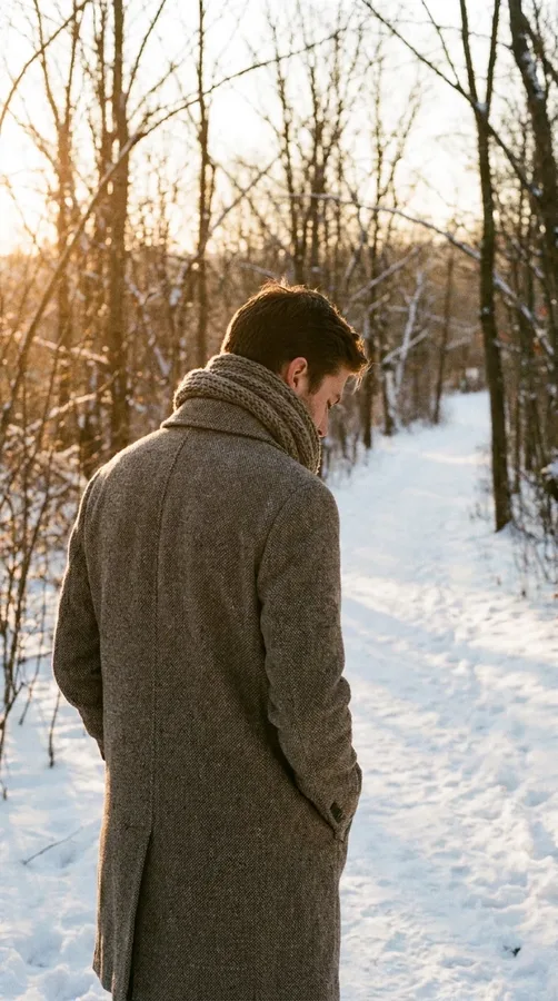 A person in a wool coat walking alone along a snowy trail at sunrise.