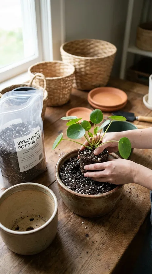 Potting a Chinese money plant in an airy mix and a container with drainage holes.