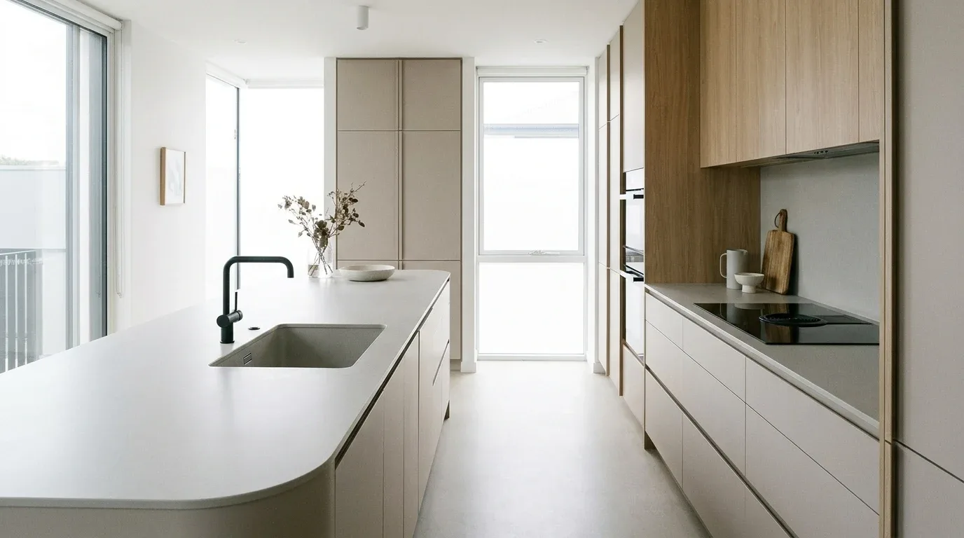 Seamless gray solid surface countertop with an integrated kitchen sink.