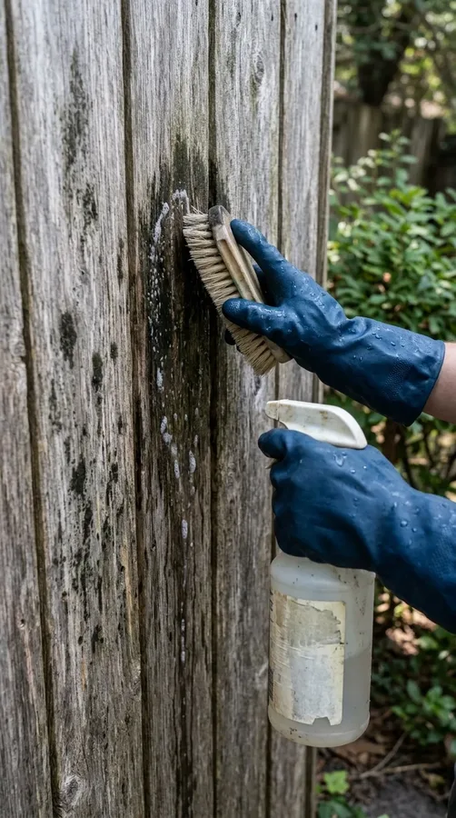 Treating dark surface growth on a wooden fence with a suitable exterior wood cleaner.
