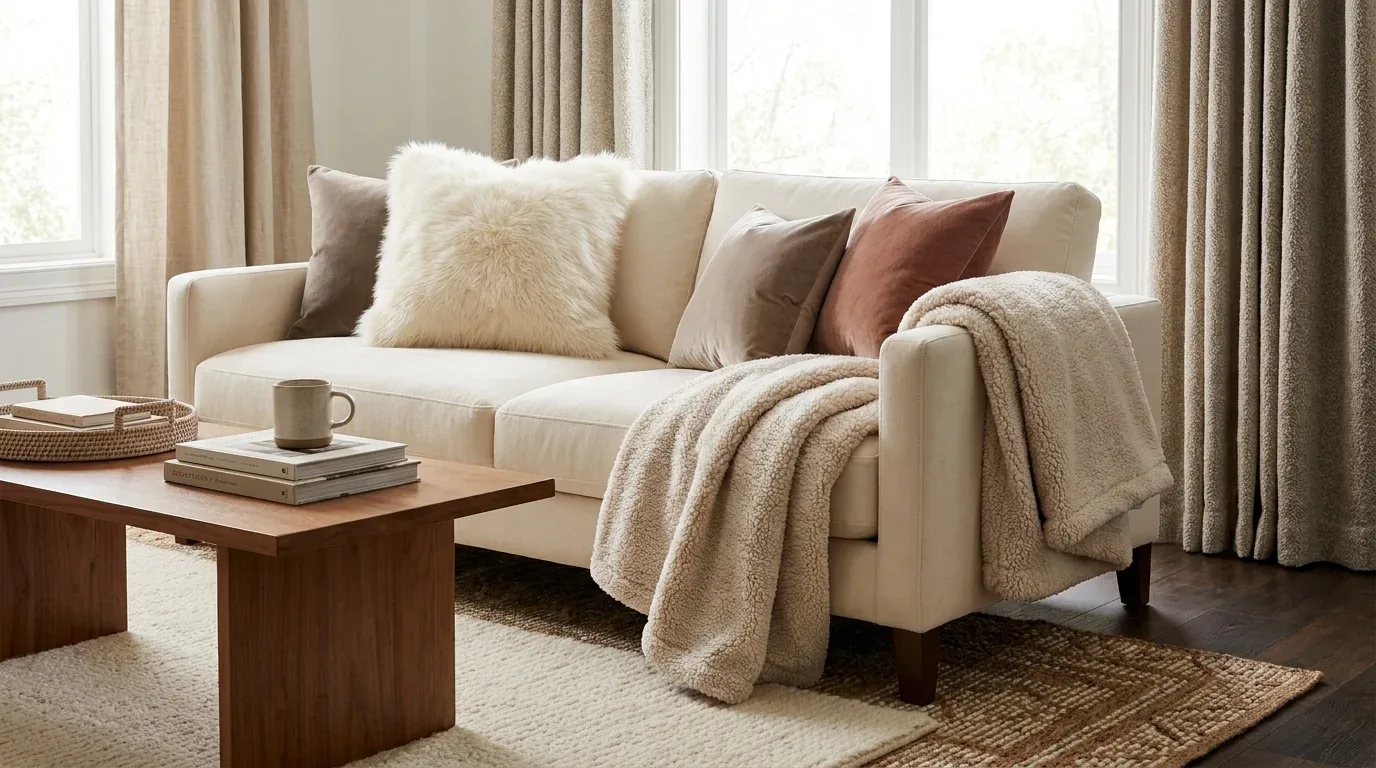 Plush faux fur cushions, velvet pillows, and a sherpa throw add warmth to winter decor.