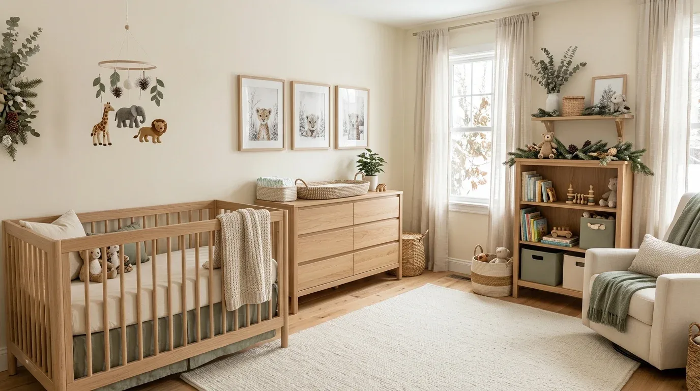 Light wooden nursery furniture paired with natural safari-inspired decorations.