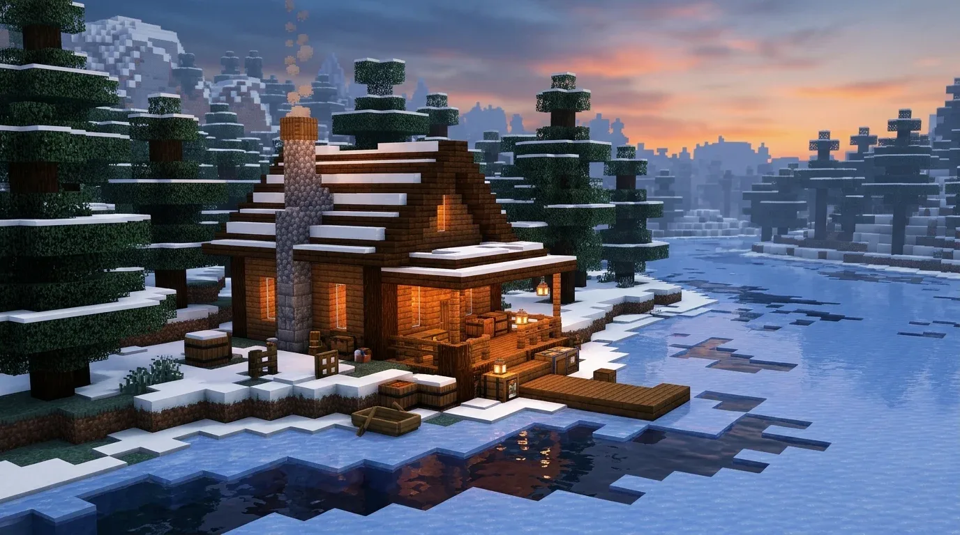 Minecraft winter fishing cabin beside a frozen lake with a wooden deck, dock, chimney, and snowy spruce trees.