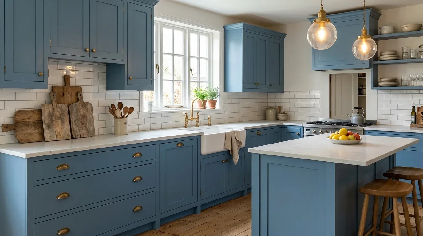 Classic blue Shaker kitchen with white subway tiles and understated metal hardware.