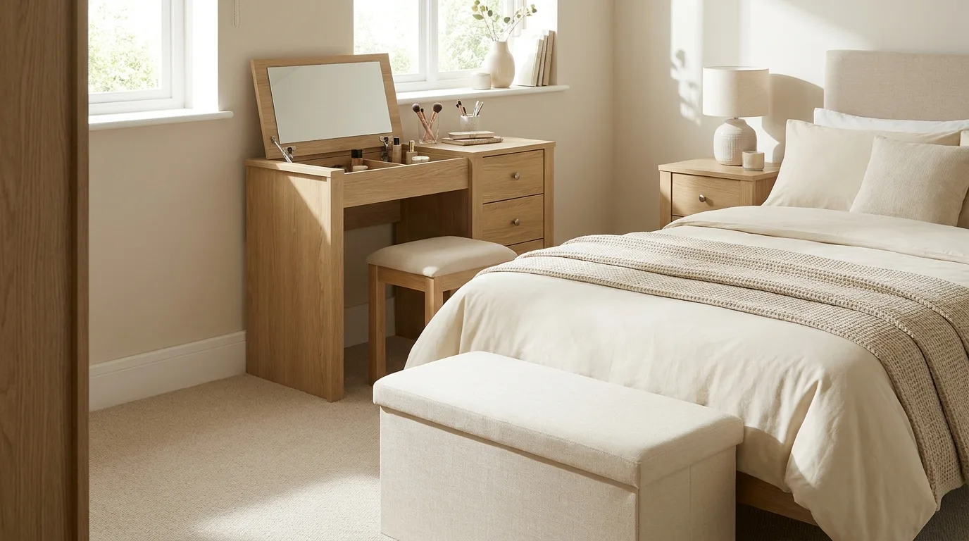 High-hung floor-length ivory curtains that visually emphasize ceiling height in a small bedroom.