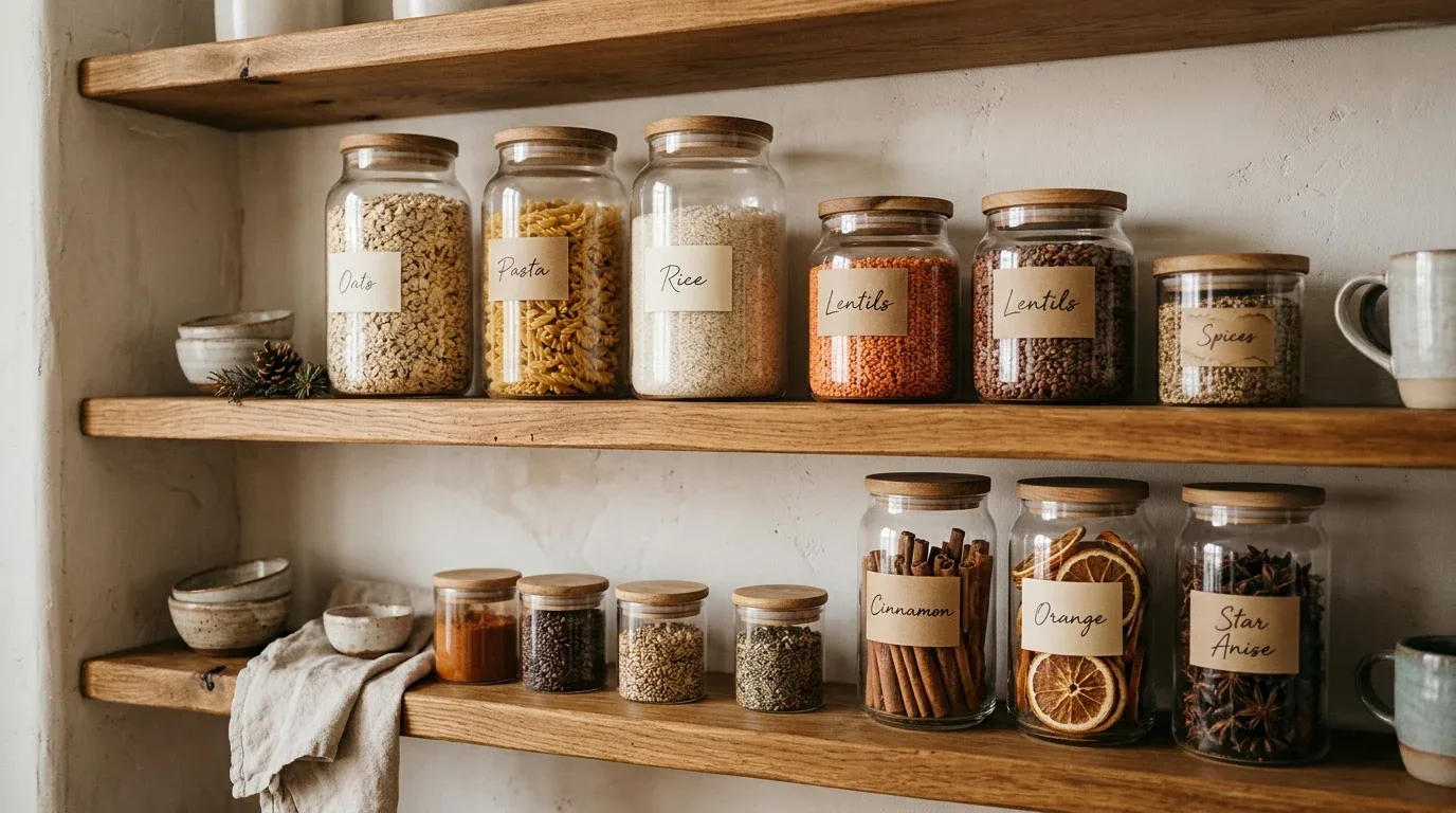 Glass pantry jars filled with winter baking ingredients and dried spices on open kitchen shelves.