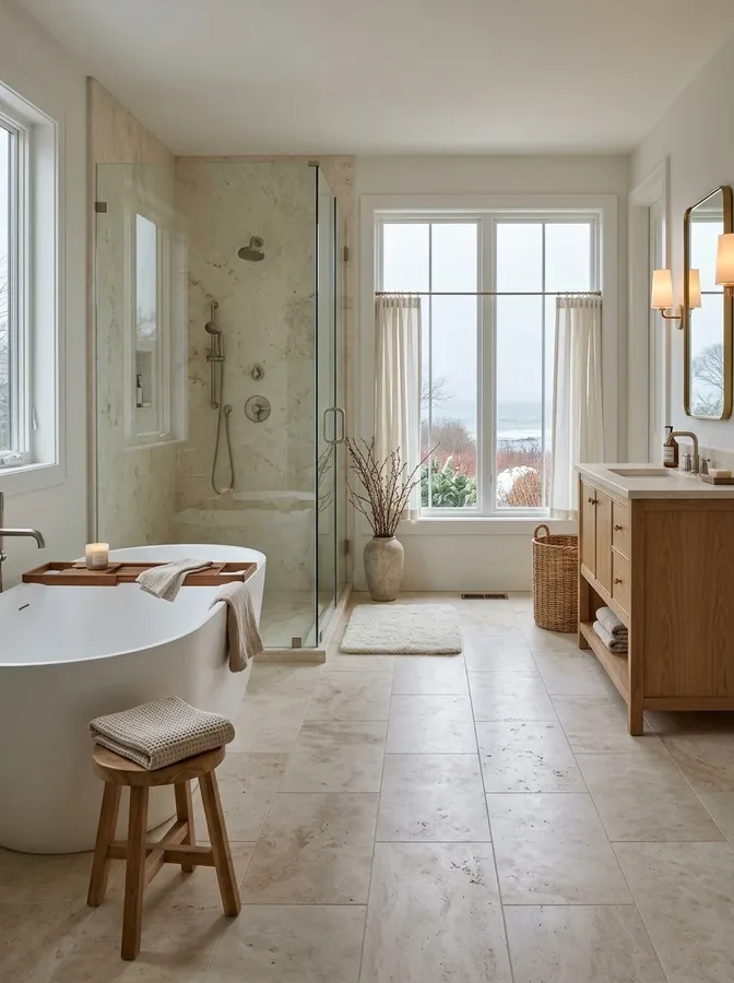 Coastal bathroom with pale natural stone-look tiles and warm neutral finishes.