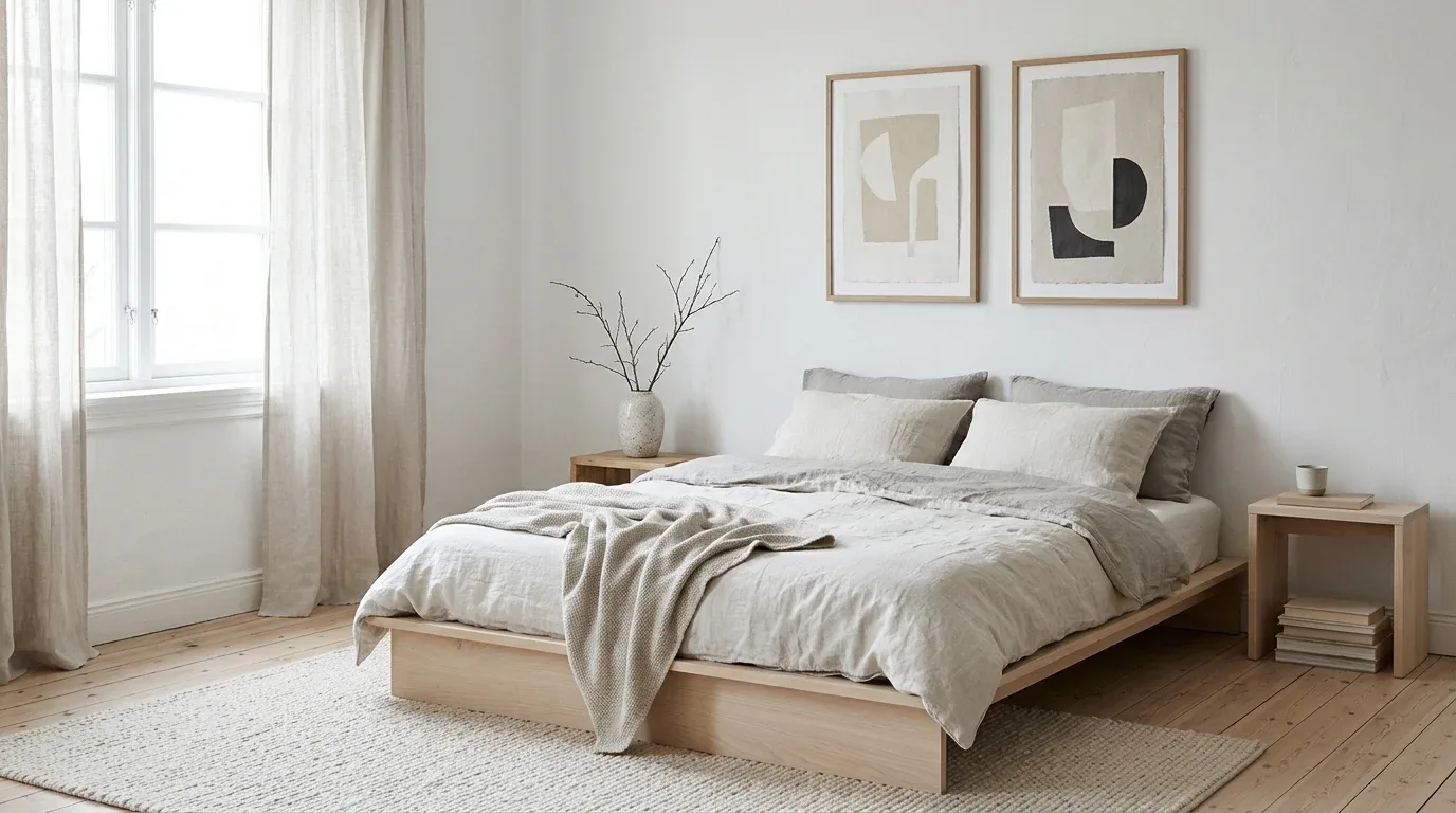 Scandinavian bedroom decorated with minimalist neutral abstract wall art in oak frames.