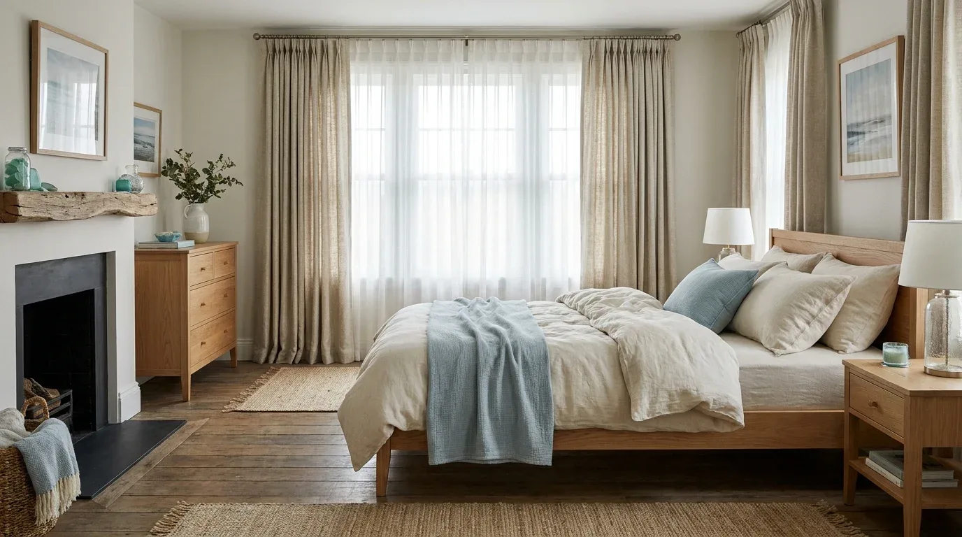 Coastal bedroom with sheer white curtains layered under warm oatmeal winter drapes.