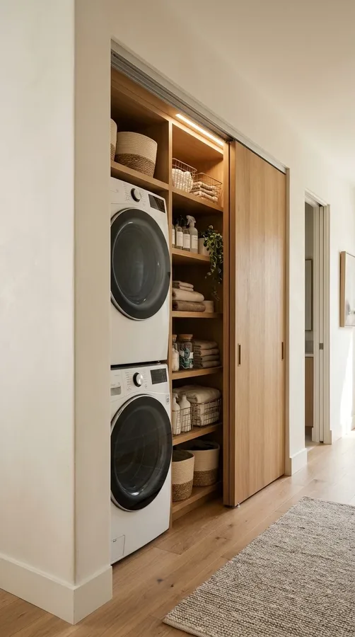 Space-saving stacked laundry closet with stylish sliding wood doors.