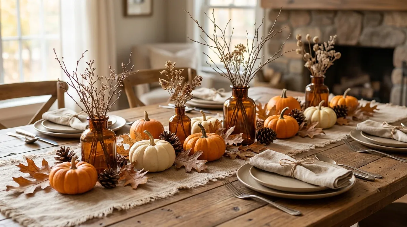Autumn dining table centerpiece with mini pumpkins, dried leaves, amber glass, and neutral linens.