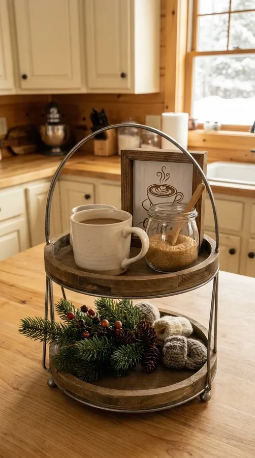 Coffee bar tiered tray with a framed wooden sign, cream mug, and seasonal greenery.