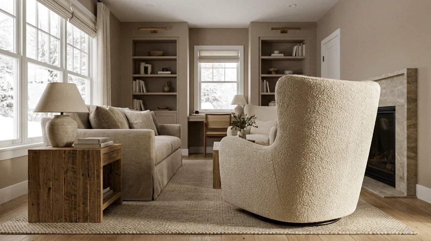 Swivel rocker angled toward a living room conversation area for flexible seating.