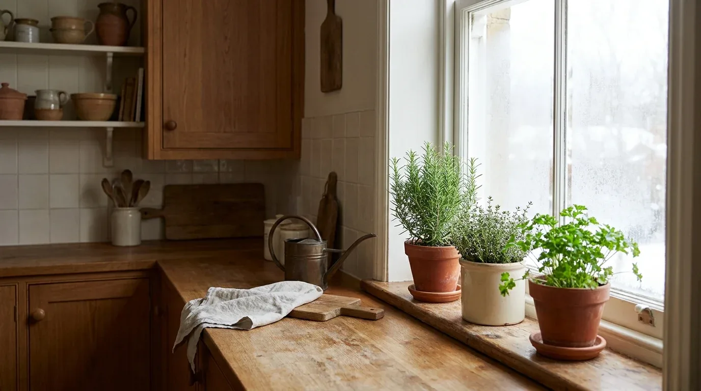 Small winter kitchen herb garden with rosemary and thyme in decorative pots