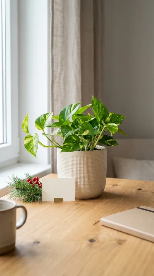 A small green desk plant in a ceramic pot makes a thoughtful and affordable Secret Santa gift.