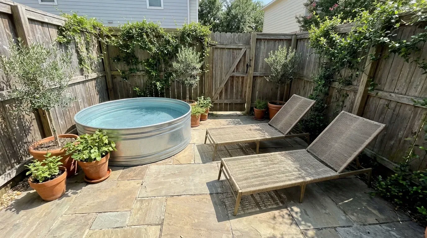 Compact above-ground plunge pool with paving, two loungers, and potted plants in a small courtyard.