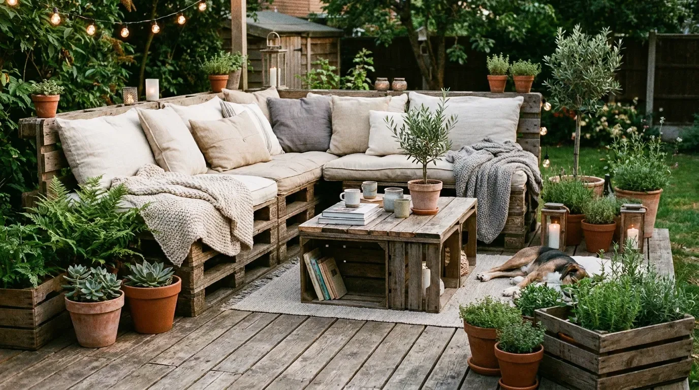 Backyard deck decorated with warm string lights at dusk