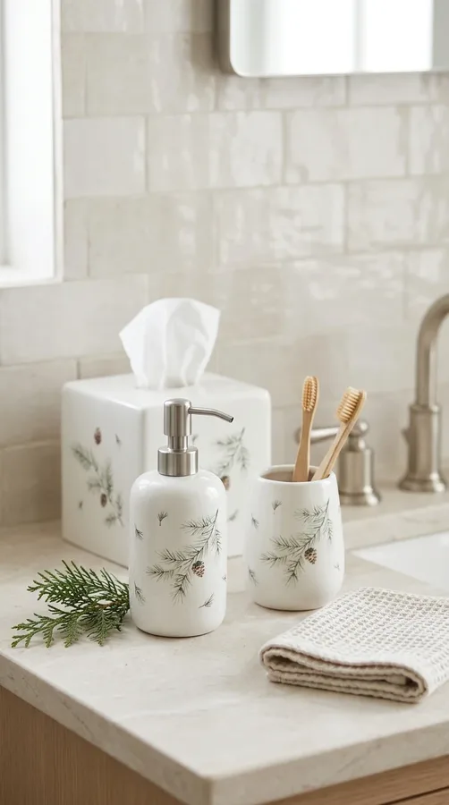 Rustic wooden tray with a soap dispenser, folded washcloth, and evergreen Christmas accents.