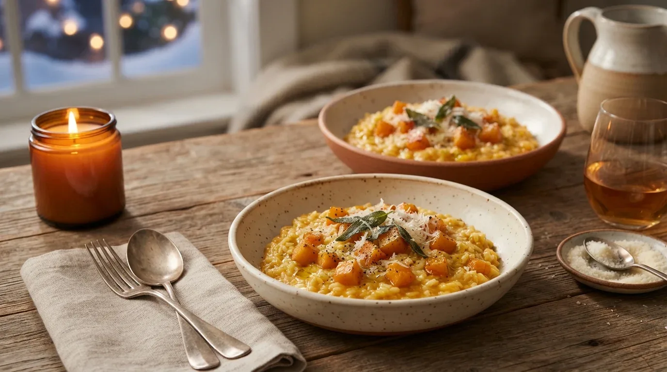 Golden butternut squash risotto with Parmesan and sage for a cozy vegetarian date-night dinner.