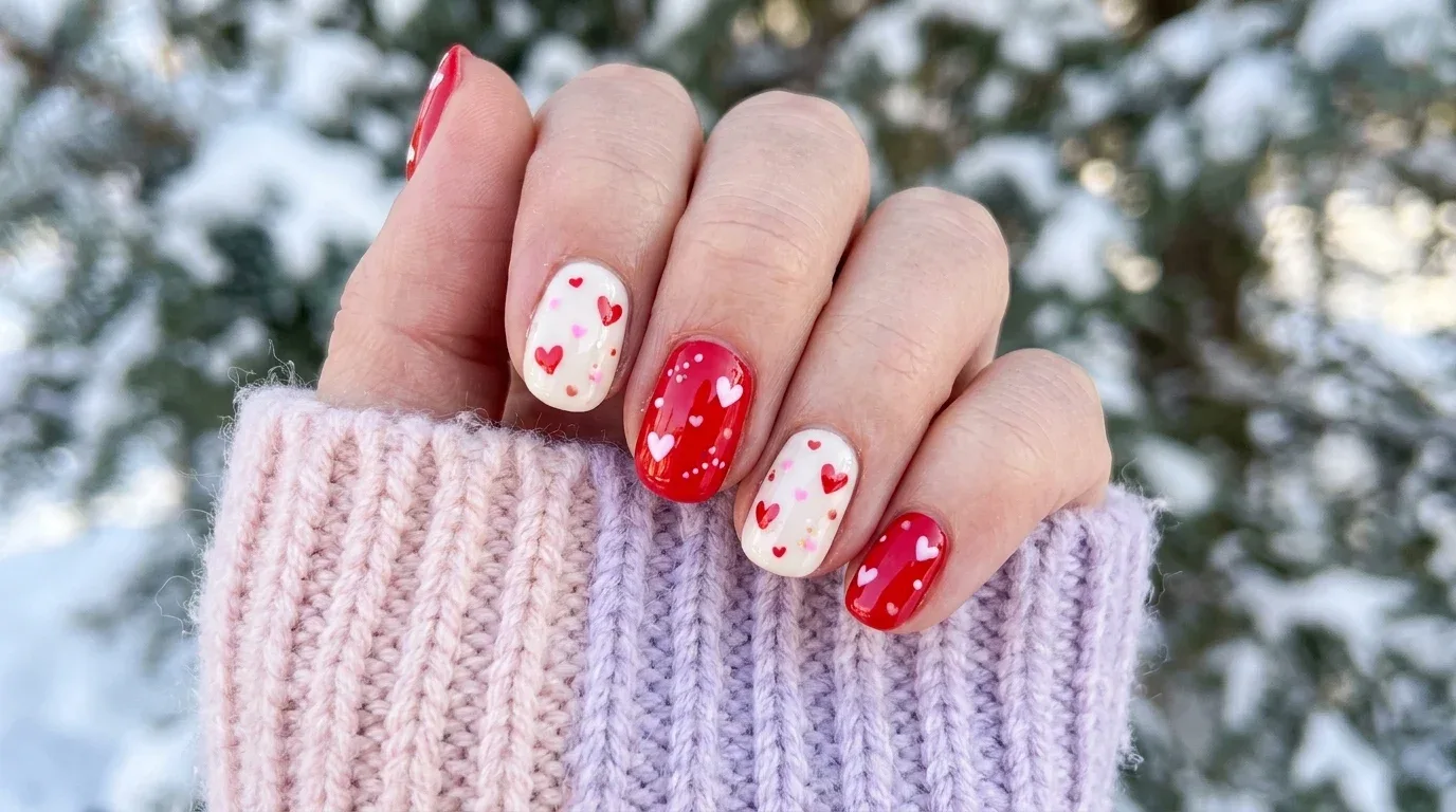 Cute red and white candy-heart Valentine's nails with playful contrasting heart designs.