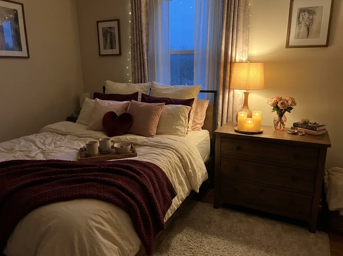 Cozy winter bedroom with flameless candles, warm bedside lighting, and romantic red accents.