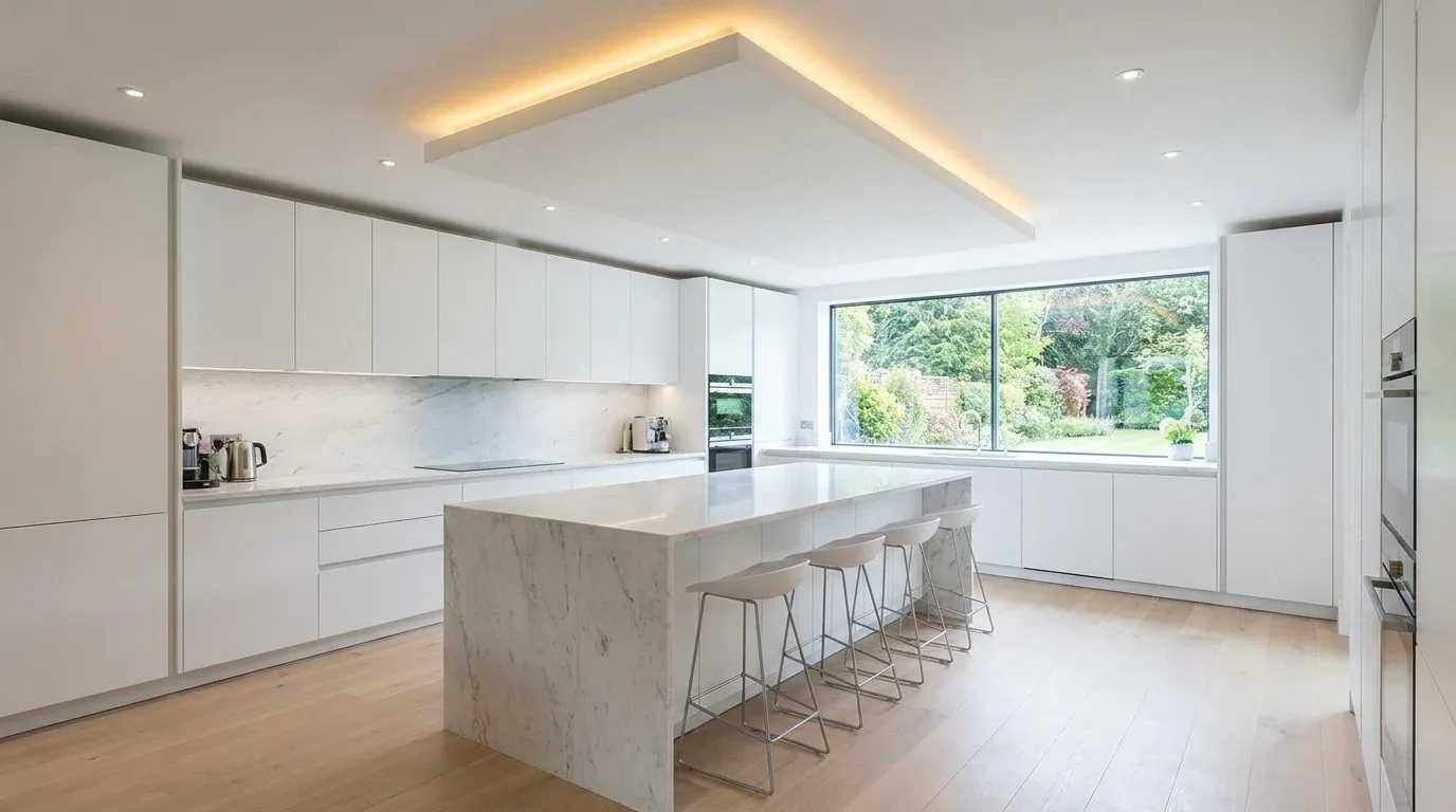 Recessed spotlight layout integrated into a kitchen false ceiling