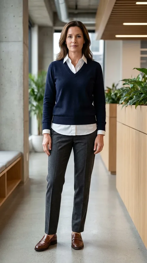 White button-down shirt layered under a navy V-neck sweater with tailored trousers and loafers.