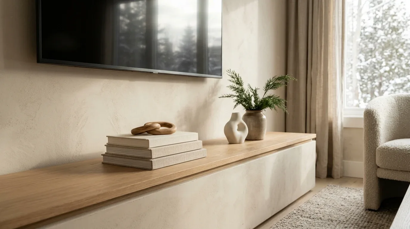 Decorative books and a ceramic ornament add height and texture to a winter TV stand.