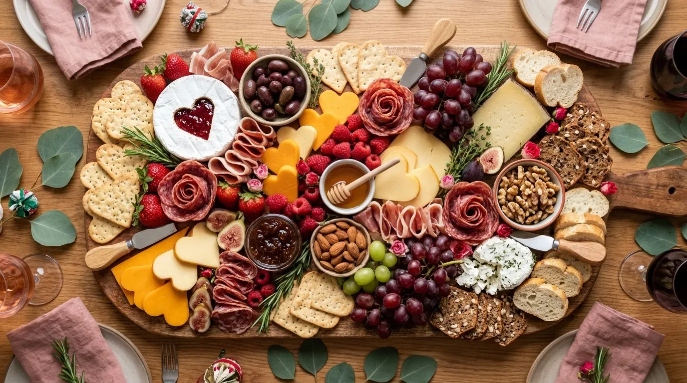 Galentine's charcuterie board with cheeses, crackers, fruit, meats, nuts, and heart-shaped cheese slices.