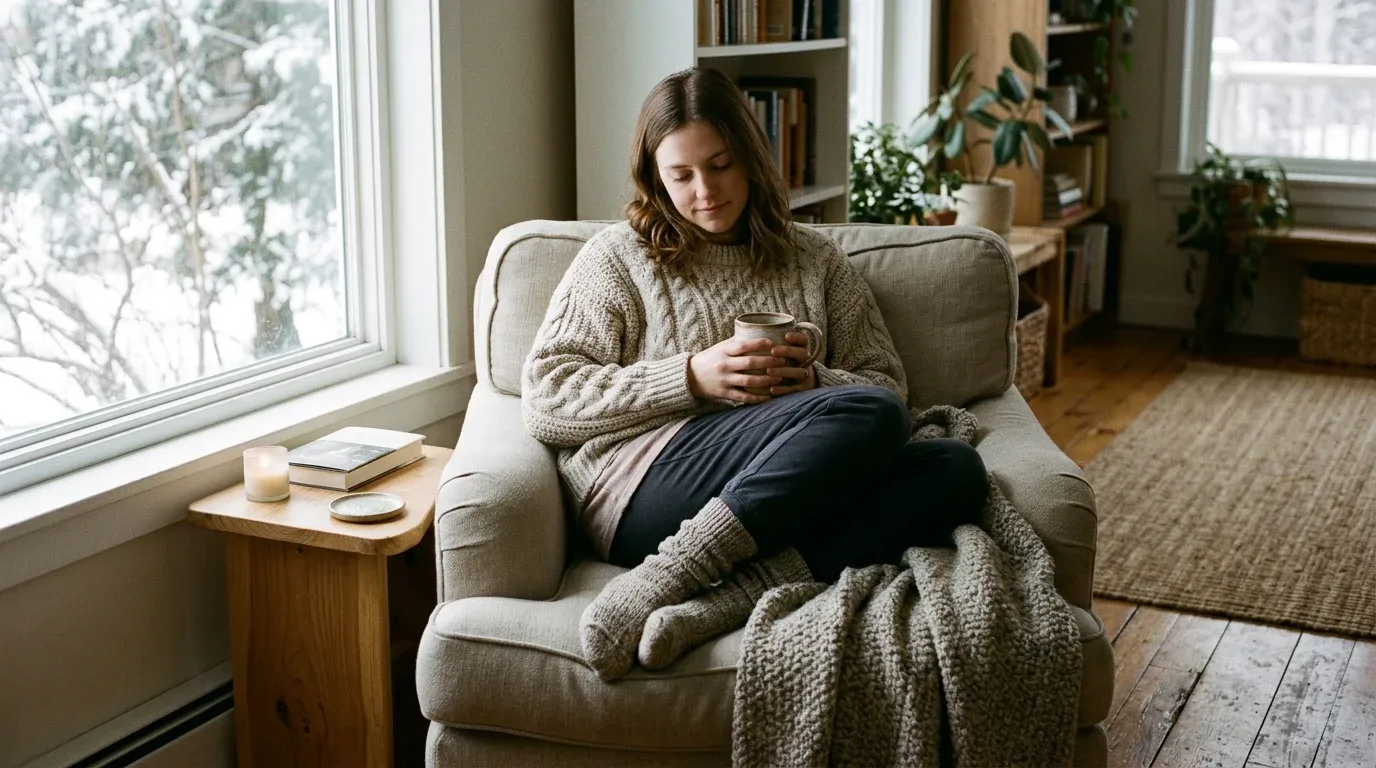 Comfortable indoor layers, warm socks and a sweater help retain body heat in winter.
