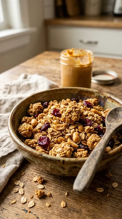Crunchy homemade peanut butter granola with toasted oats and dried cranberries.