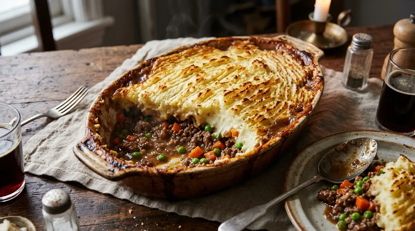 Ground beef cottage pie topped with golden mashed potatoes and filled with vegetables and savory gravy.